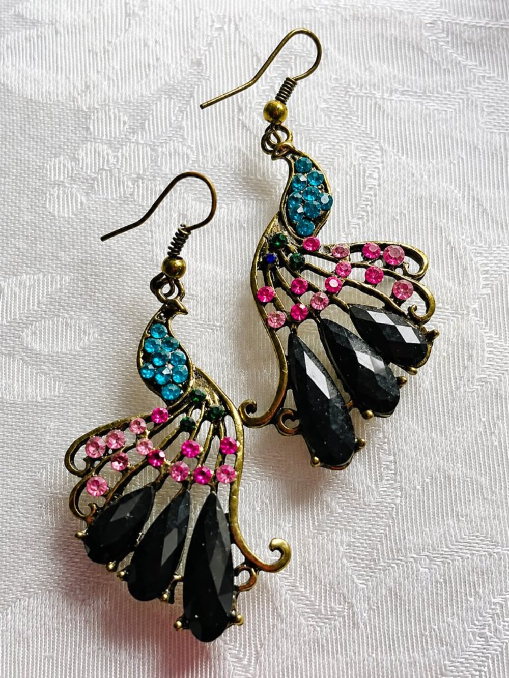 Vintage-Inspired Peacock Drop Earrings in Black, Pink & Teal w/ Art Deco Vibes